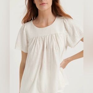 J.Crew White Knit Smocked Embroidered Short Flutter Sleeve Crewneck Top Medium